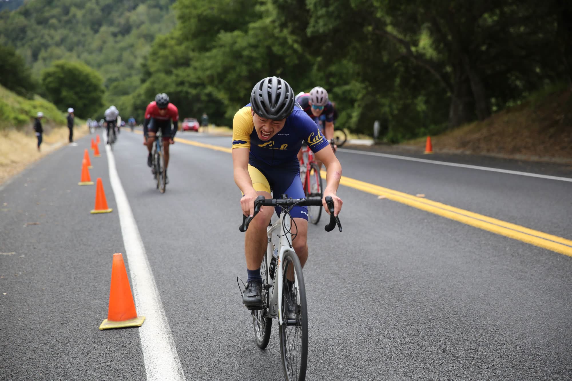 A rider in a blue and gold kit leading a small group past orange cones