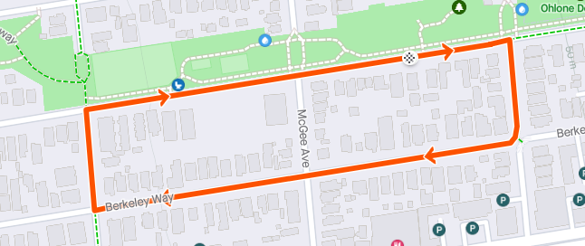 Route map of the Berkeley Streets Criterium circuit along Berkeley Way and McGee Avenue beside Ohlone Park