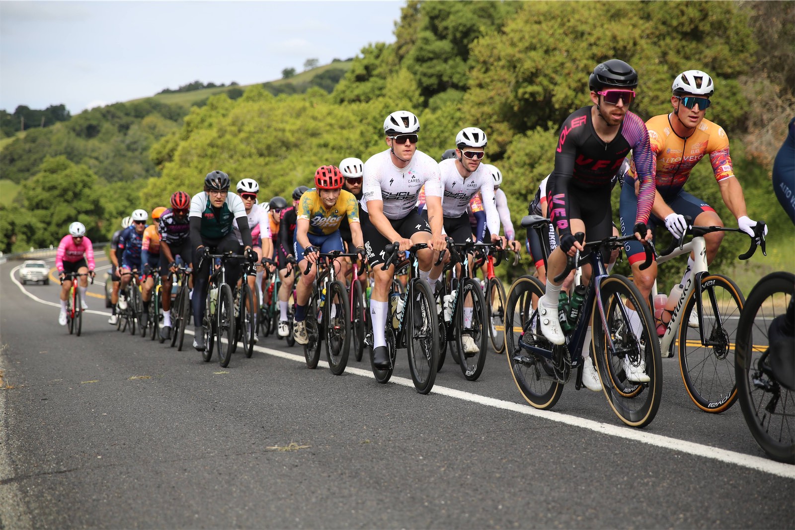 CycleSport.com riders racing in a group at the 2025 Berkeley Hills Road Race