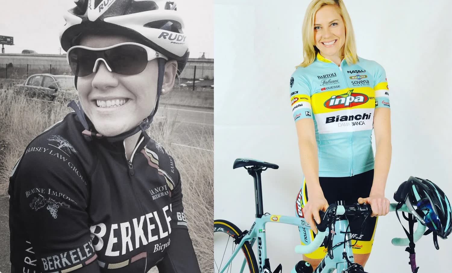 Two portraits side by side: a rider in a Berkeley Bicycle Club jersey and a rider in an Inpa Bianchi team kit