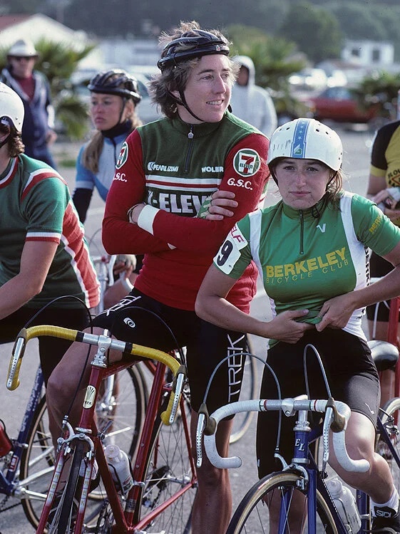 Riders waiting at the start, one in a 7-Eleven jersey and one in a Berkeley Bicycle Club jersey