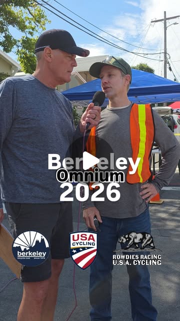 Two men talking into a microphone on a Berkeley street during the 2026 Berkeley Omnium