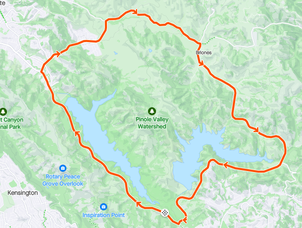 Route map of the Berkeley Hills Road Race loop around 3 Bears