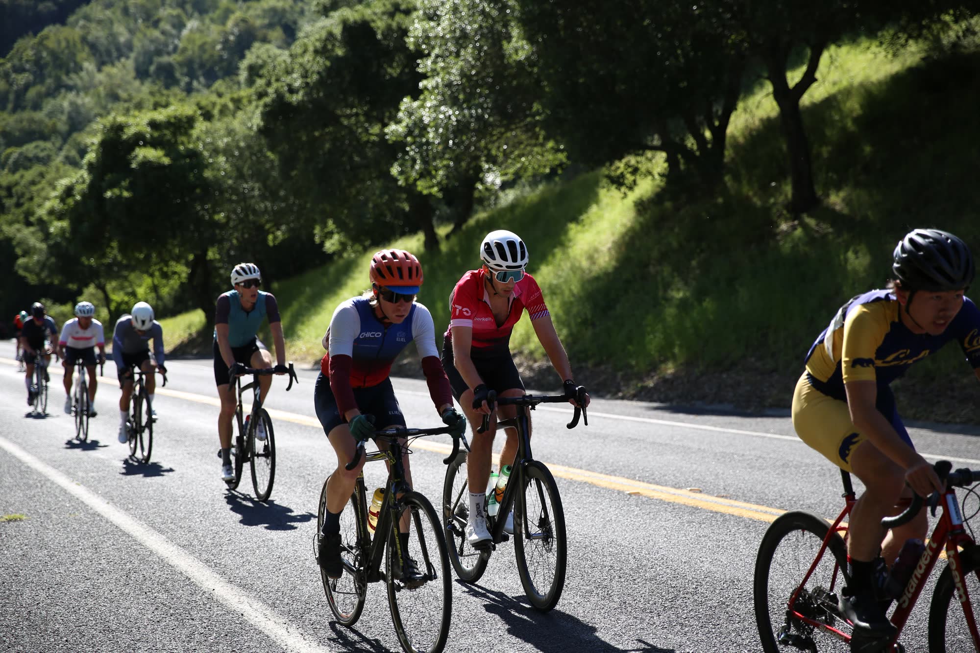 A string of riders strung out on a climb at the Berkeley Hills Road Race