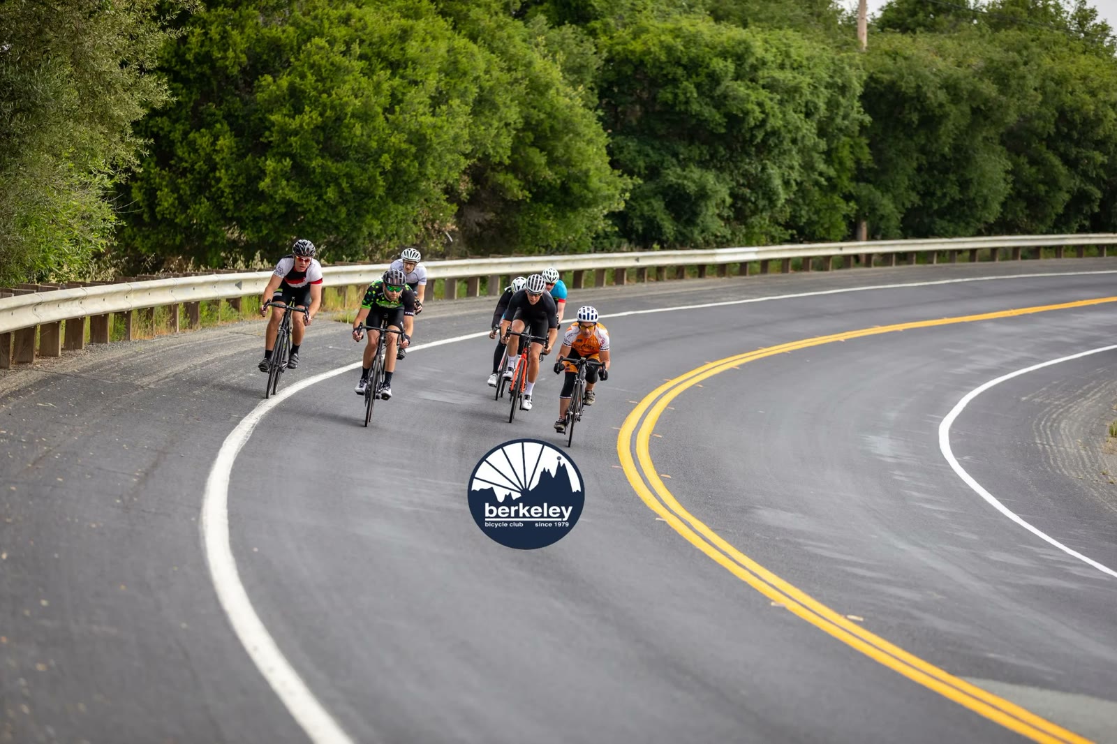 Riders descending a curve on the Berkeley Hills Road Race course in 2019