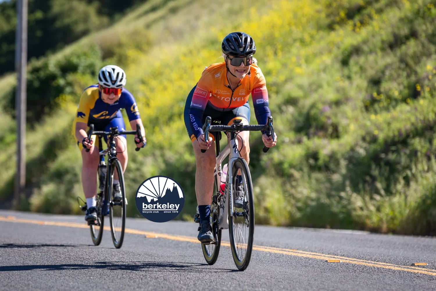 A Cal Cycling rider chasing on the Berkeley Hills Road Race course in 2024