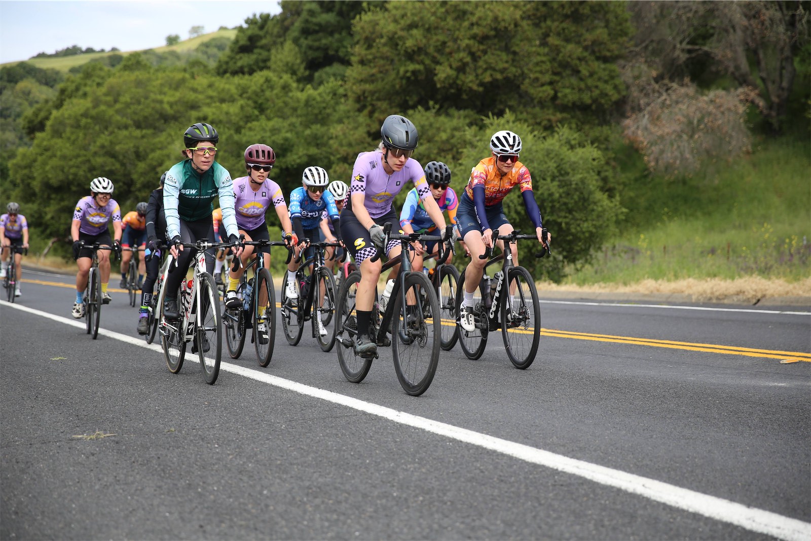 Sacramento Golden Wheelmen riders racing in a group at the 2025 Berkeley Hills Road Race